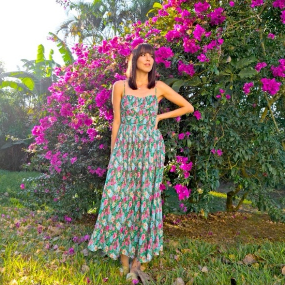 Zara Green Floral Pleated Bustier Midi Dress Blogger Fave
